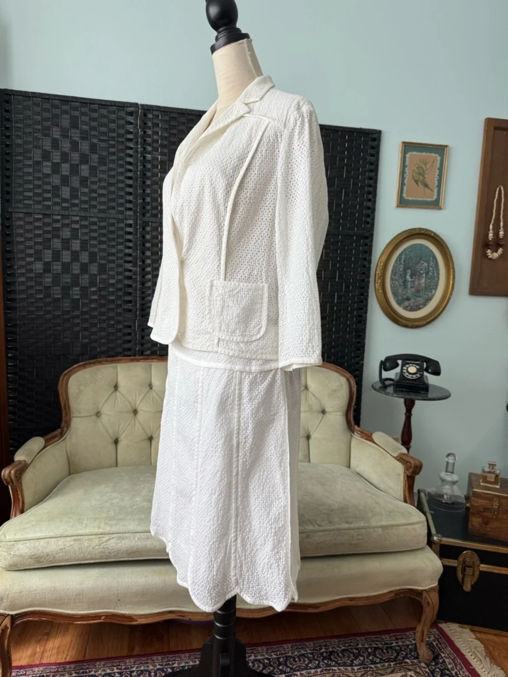 🤍 Vintage Nine West Ivory Eyelet 2PC Set Blazer & Skirt Cottage Chic - Picture 5 of 15